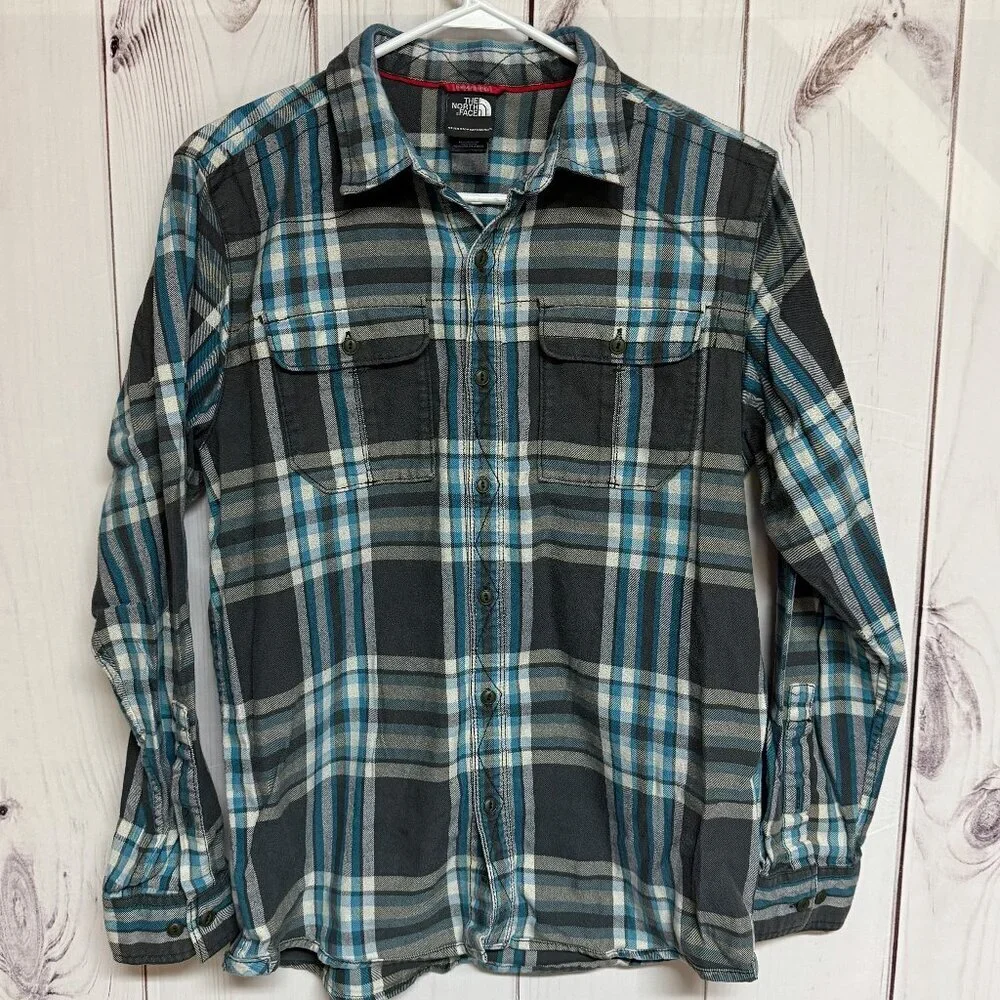 The North Face Men’s M Plaid Button-Down Shirt Gray/Teal‎ EUC